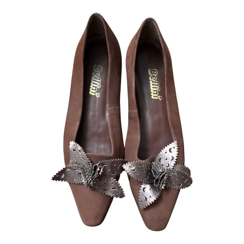 Bellini Brown Suede Pointed Flats with Silver Floral Bow